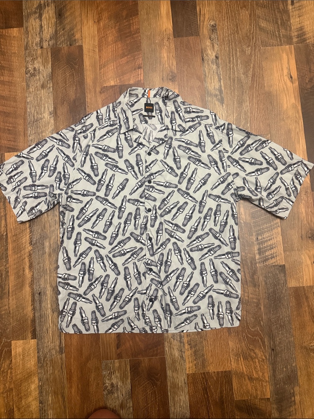 BOSS Hugo Boss Spark Plug Print Camp Collar Button Up Shirt Gray Size S